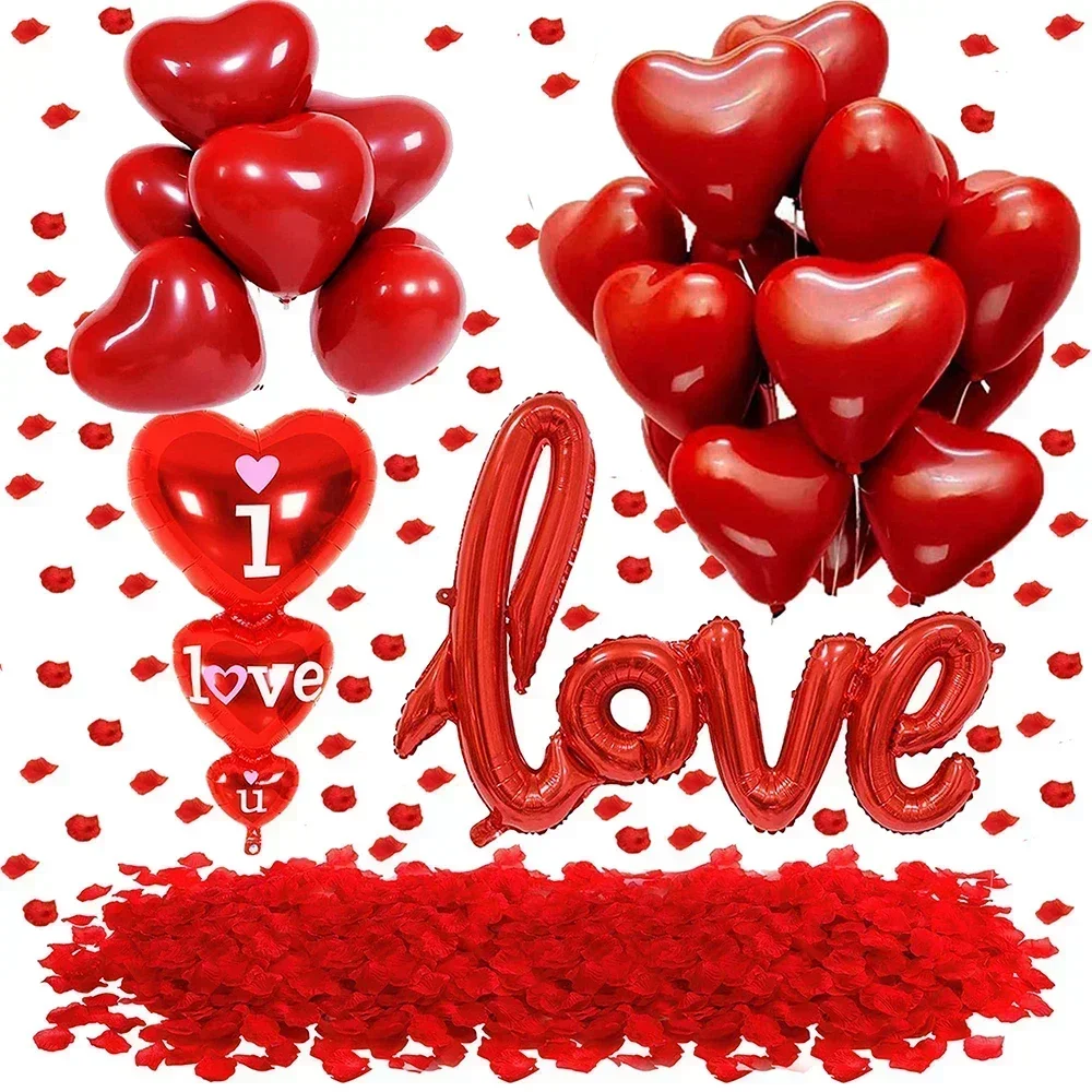 

Red Balloons Set Love Heart Latex&Foil Balloon Wedding Red Rose Artificial Petals Romantic Night Valentine Day Party Decoration