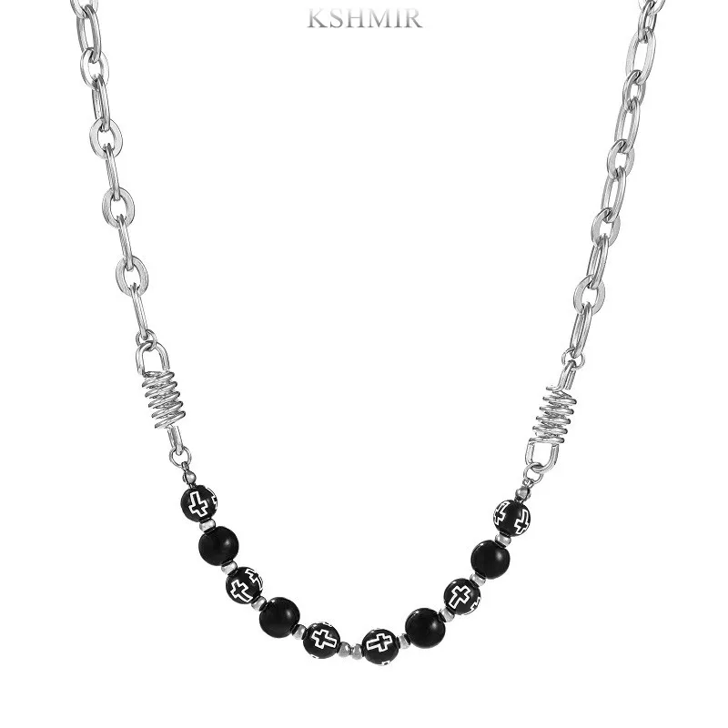 

Titanium steel necklace simple design sense black and white icebreak beads stitching women's necklace