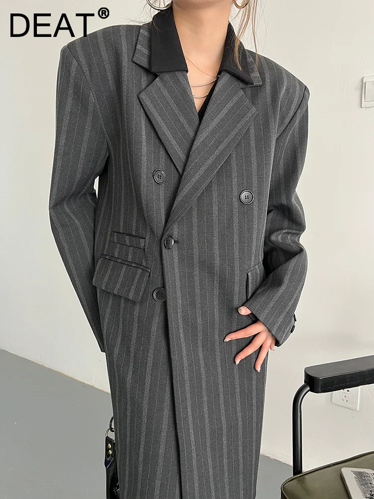 

DEAT Fashion Women's Blazer Patchwork Notched Collar Loose Double Breasted Grey Striped Suit Jackets Autumn 2023 New 17A5084
