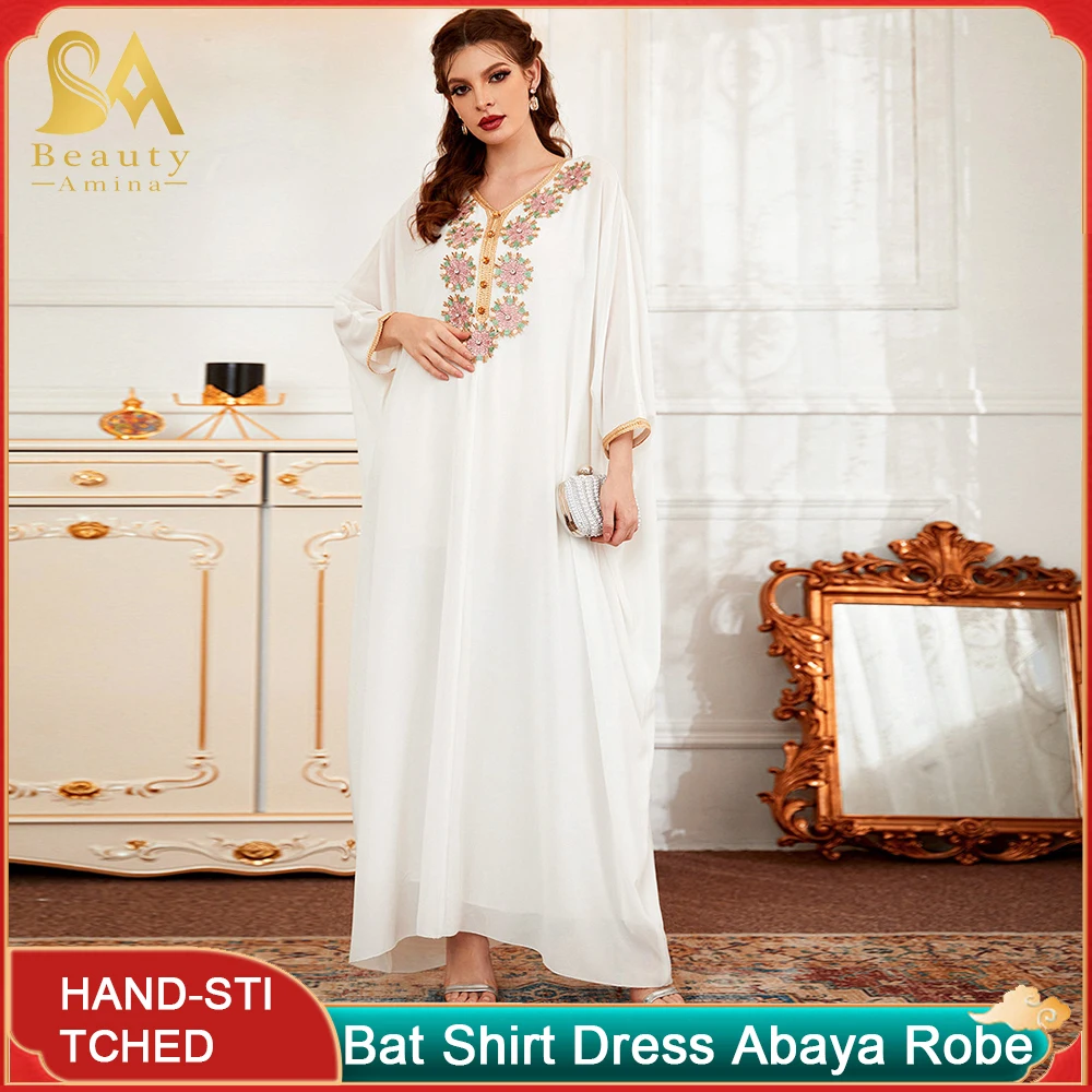 2022 Abayas For Women White Neckline Embroidered Hand-Stitched Double-Layer Cape Bat Shirt Long Dress Party Dresses Abayat Robe