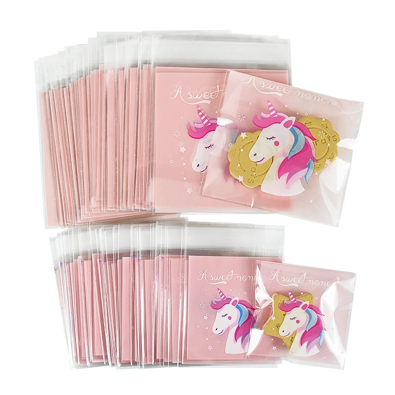 

100pcs Unicorn Party Candy Gifts Bags Plastic Self Adhesive Baking Cookies Packing Bags For Unicorn Birthday Party Wedding Decor