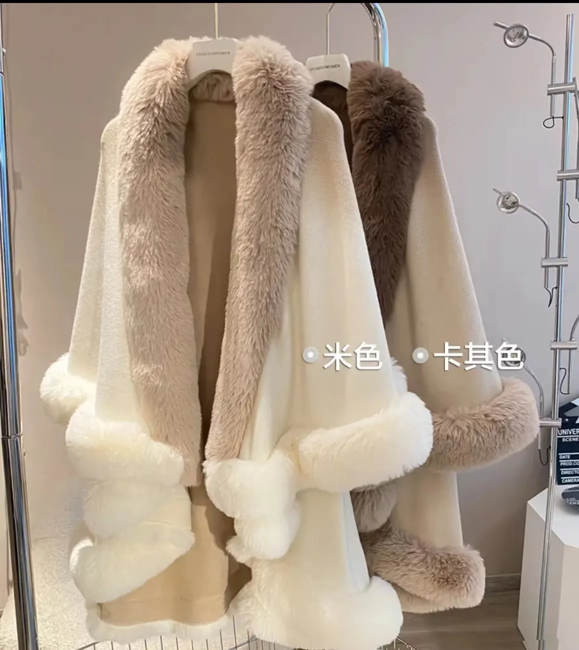 

Luxurious faux fur cape jacket, novel dyed knitted cape jacket, winter women's elegant and warm cardigan, gradient long style