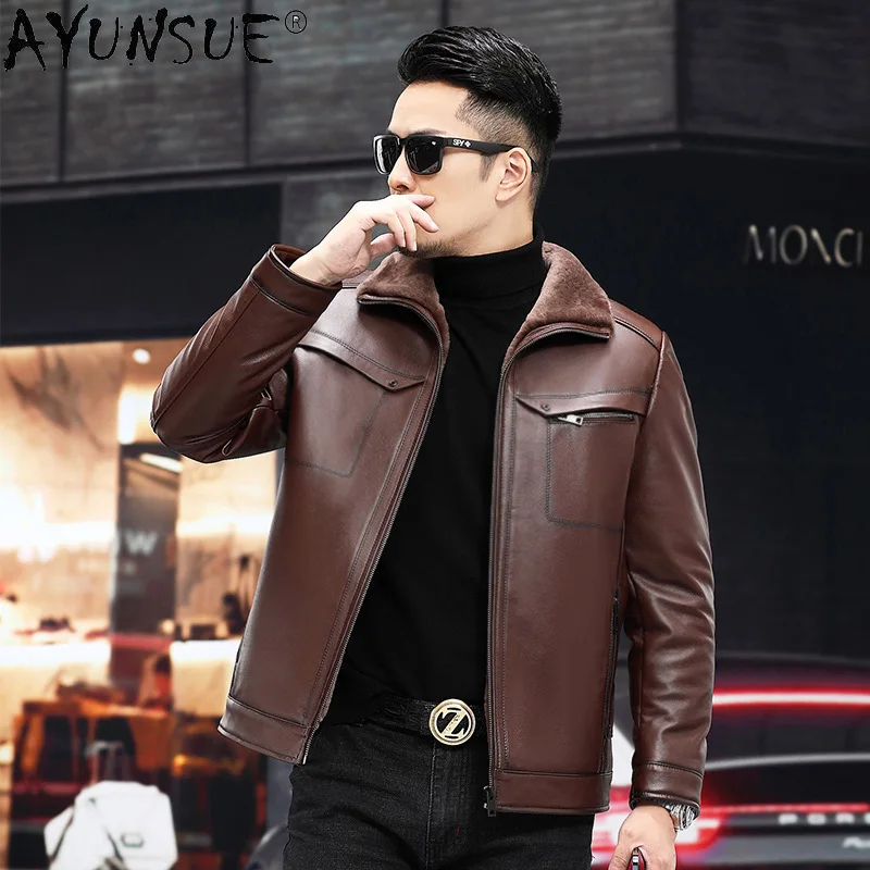 

Куртка AYUNSUE мужская из воловьей кожи, повседневная приталенная теплая, с шерстяной подкладкой, верхний слой, 2023