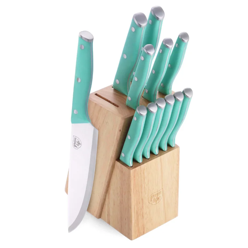 

GreenLife Cutlery Stainless Steel Knife Set, 13 Piece with Knife Block, Turquoise knife kitchen fixed blade knife kitchen