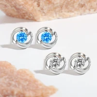 silver needles pins romantic women stud earrings sea blue heart zircon stone earrings cuffs clips birthday gifts fine jewelry