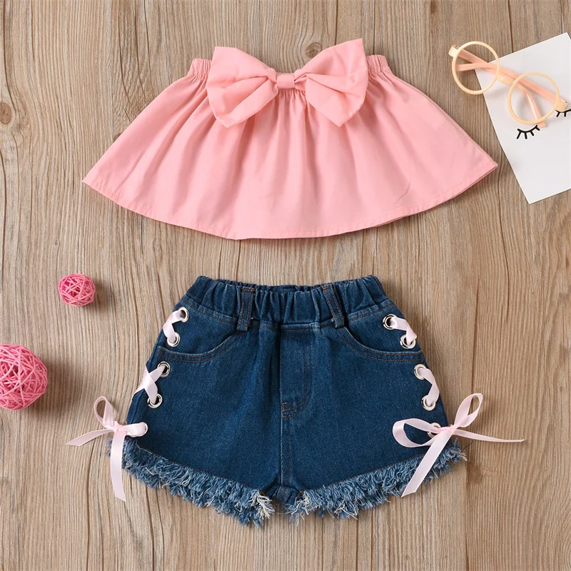 

1-3Y Toddler Baby Girls Clothes Sets Pink Big Bow Decor Strapless Tops T-shirts+Denim Shorts With Ribbon 2pcs Girls Suits