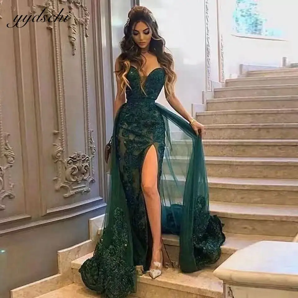 

Sexy Green Mermaid Strapless Evening Dresses Sweetheart Appliques Detachable Train Dubai Prom Gowns Robes De Soirée For Women