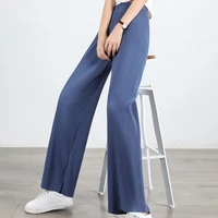 womens straight pant high waist elastic waistband straight summer trousers women solid color ribbed casual pants lady clothing