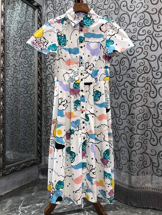 

2022 new women Fashion Short Sleeve Lapel Colorblock Pattern Decorative Slim Dress 068