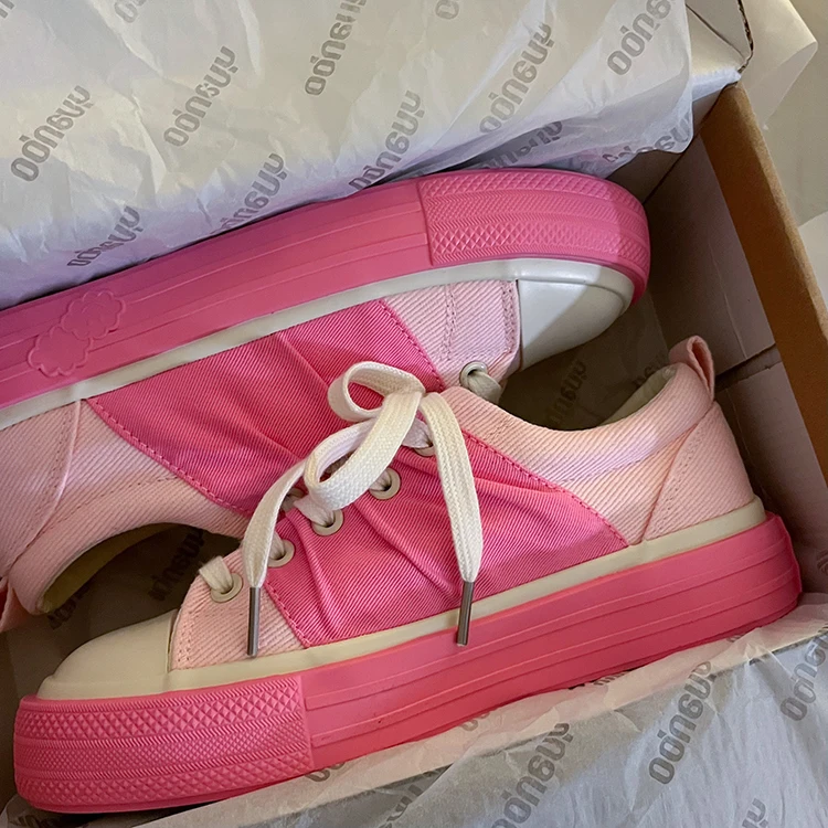 

Pink Canvas Sneakers Woman Flats Shoes Spring Autumn Platform Sneakers Lady Lace Up Sports Sneakers Women Vulcanized Shoes B1-20