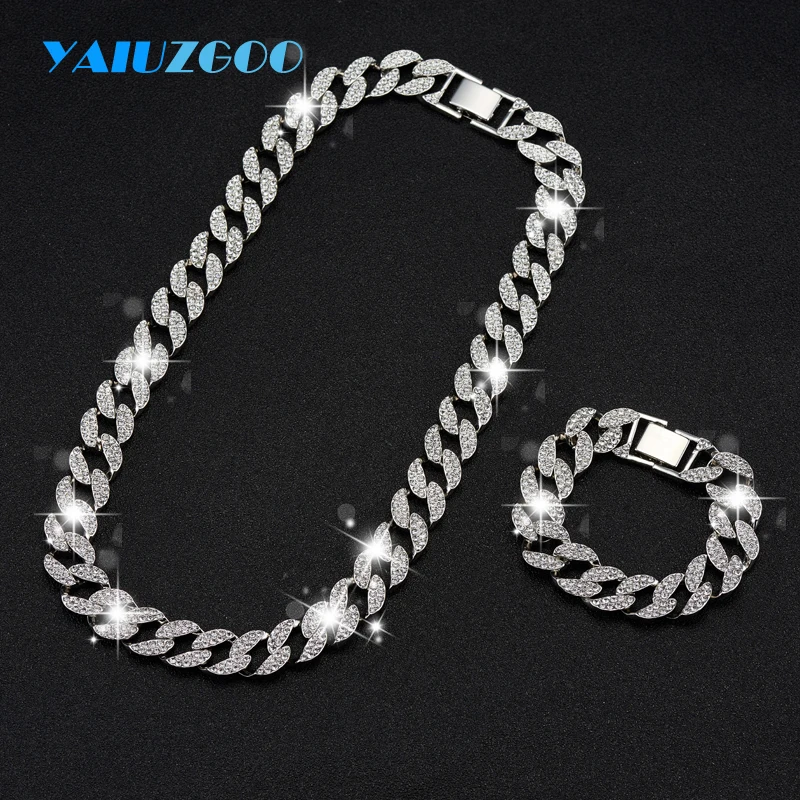 

Hip Hop Rhinestones Cuban Chain 15MM Zinc Alloy Fashion Jewelry Gift Necklaces for Men Women Rapper Bracelet
