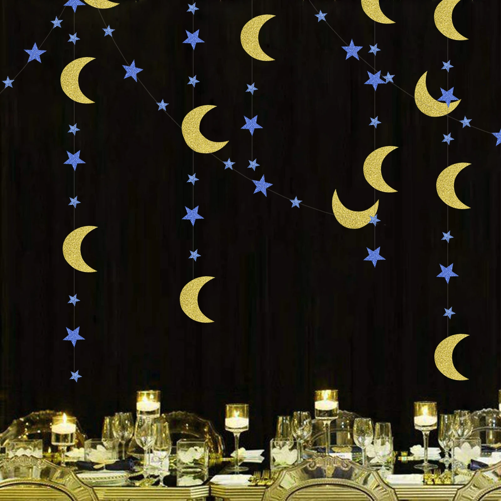 

4M Glitter Paper Blue Gold Moon Star Garlands EID Mubarak Twinkle Birthday Party Decor Ramadan Blessed Wedding Kareem Decoration