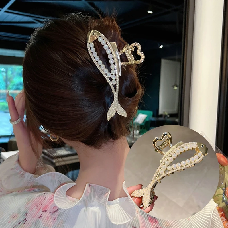 

Fish Shape Pearl Hair Crab Clip Hairpin Korean Style Light Luxury Hair Claw Back Head Shark Clip Women Girls Hair Accessories