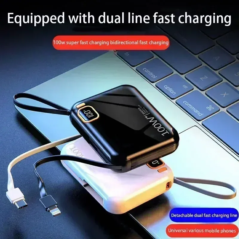 Фото Портативный внешний аккумулятор 50000 мАч PD100W, съемный кабель USB-TYPE C, двустороннее быстрое зарядное устройство, мини-Powerbank для iPhone, Xiaomi, Samsung №2