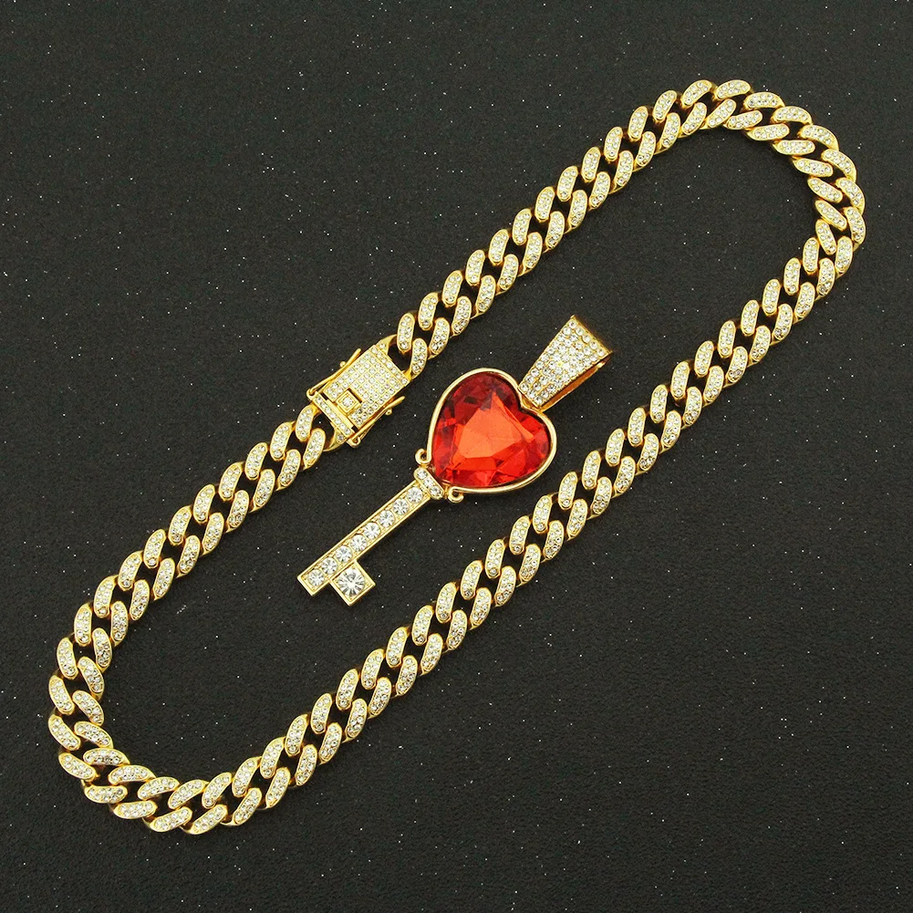 

Hip Hop Iced Out Cuban Chains Bling Diamond Red Stone Ruby Key Pendant Mens Necklaces Miami Gold Chain Charm Mens Jewelry Choker