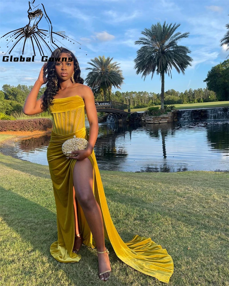 

Yellow Velvet Strapless Long Prom Dresses For Black Girls 2022 Pleats Birthday Party Dress High Slit Evening Gowns Robe De Bal