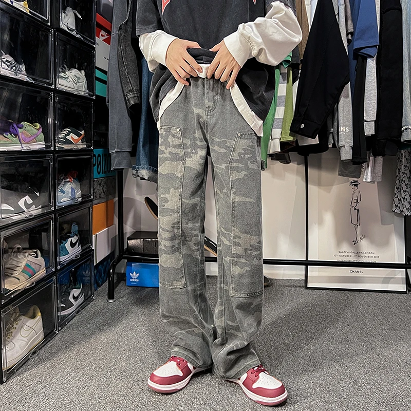 Camo Jeans Men Fashion Retro Casual Straight Baggy Jeans Men Streetwear Hip Hop Loose Cargo Jeans Mens Camouflage Trousers S-2XL