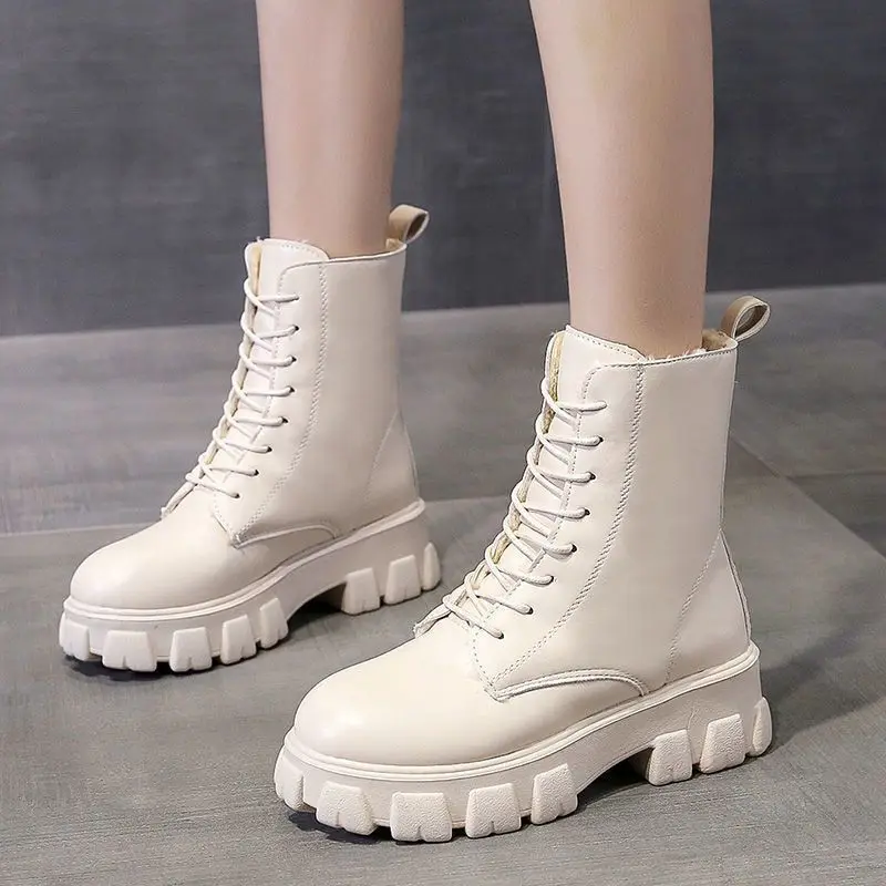 

British Style New Round Toe Lace-up Mid-Calf Fashion Personality Mid Heel Motorcycle Boots Internet Celebrity Women's Ankle Boot
