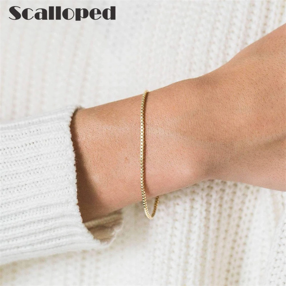 

SCALLOPED European Minimalist Unfading 2MM Stainless Steel 18CM Box Chain Bracelets For Women Couple Jewelry Wholesale