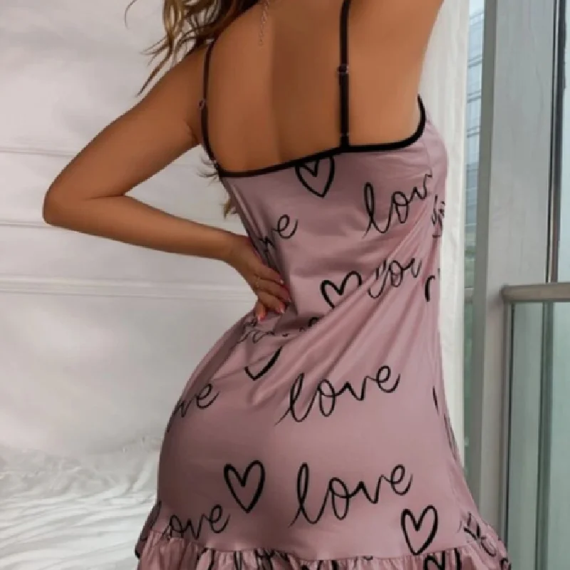 Women's Fashion Sling Satin Nightdress Casual Ruffles Comfortable Loose Lovely Printed Nightwear Lingerie Set Sleeveless 3XL