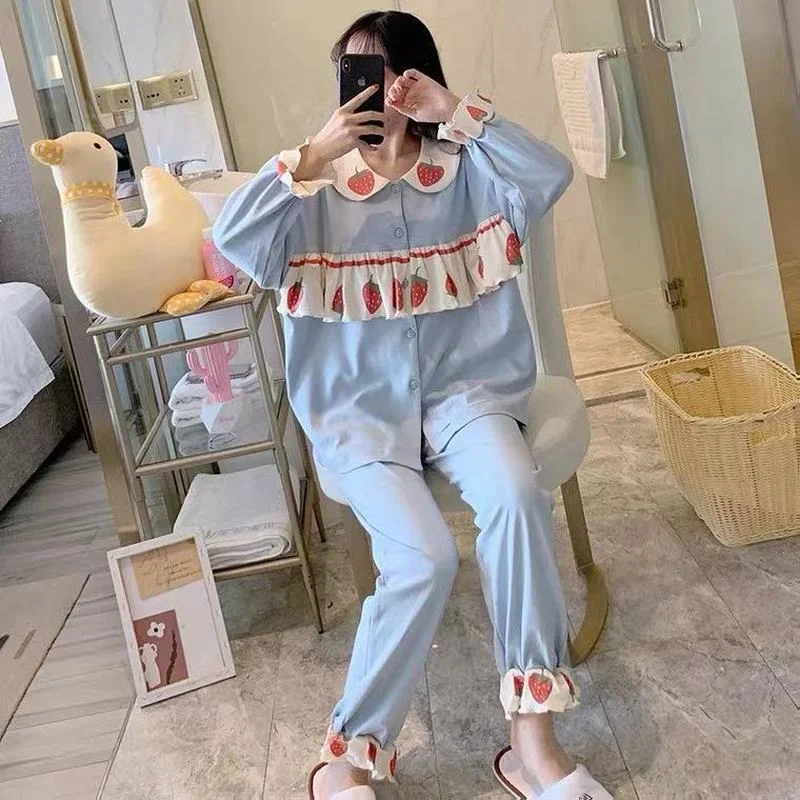 Pajama Set Women Kawaii Sleepwear Doll Collar Ruffles Strawberry Print Pijamas Japanese Teen Girls Home Clothes Cute Pyjamas