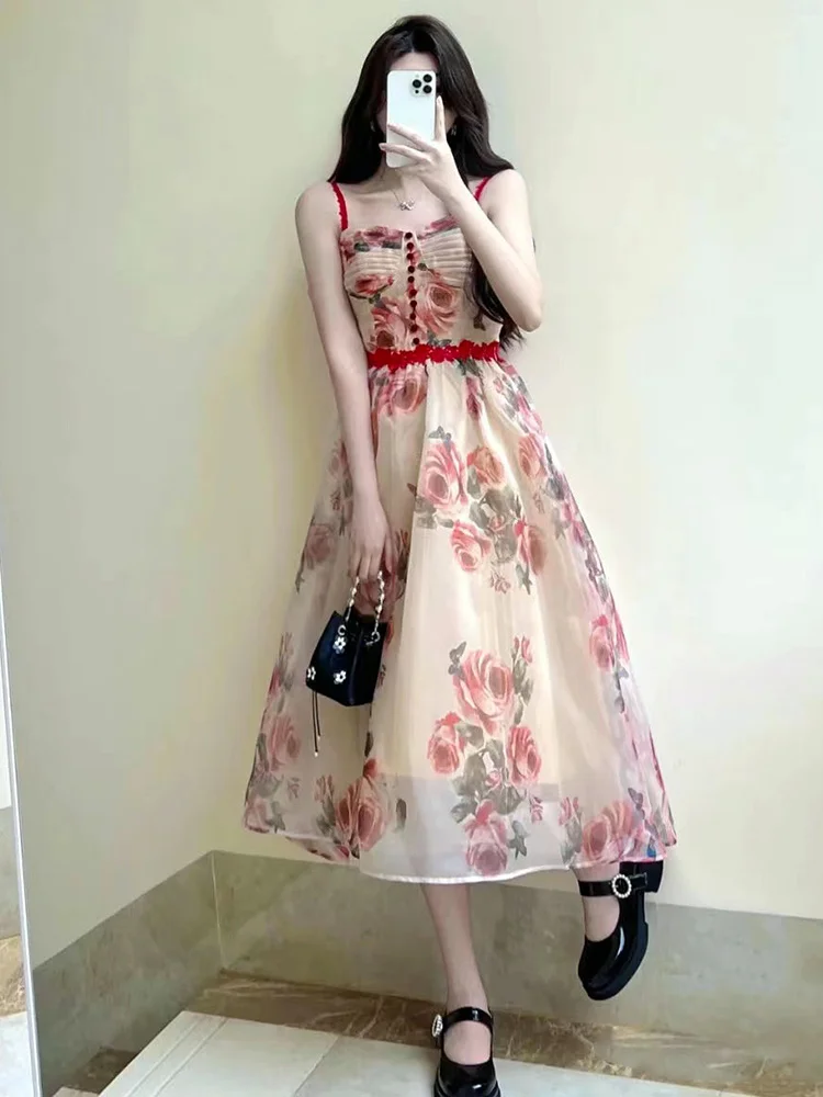 

Print Dress For Female Square Collar Sleeveless Gauze High Waist Camisole Dresses Women 2022 Summer Clothing Fashion New N844
