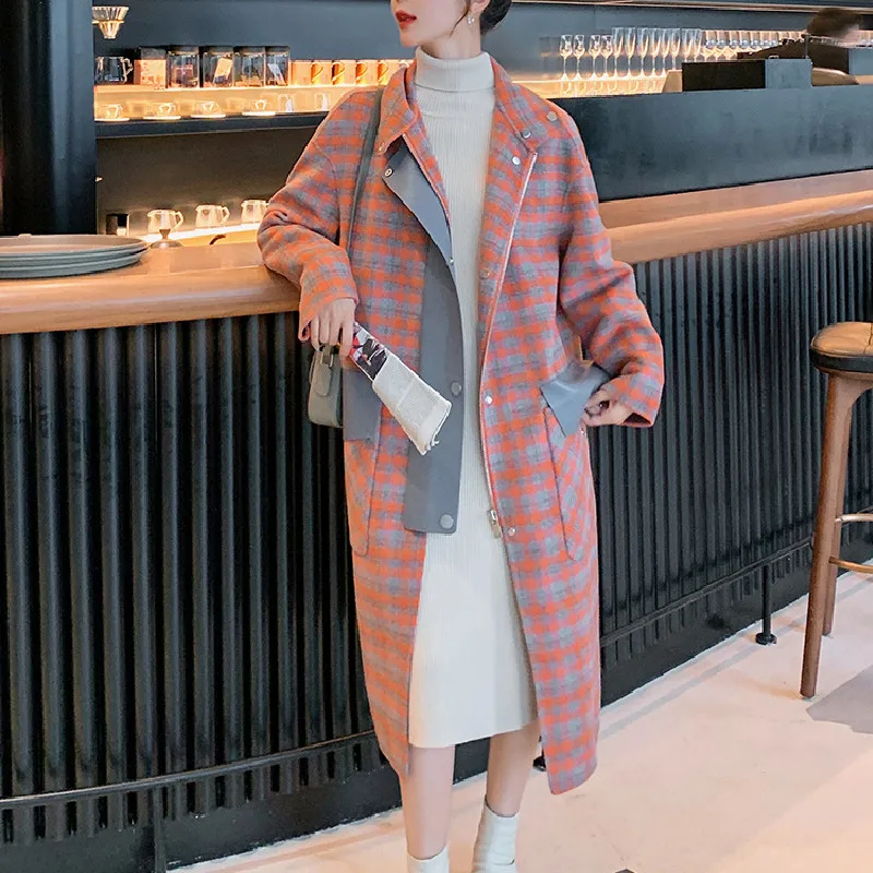 

Autumn and Winter Windbreaker 2021 New Korean Fashion Loose Retro Temperament Woolen Coat Orange Plaid Long-sleeved Jacket Women