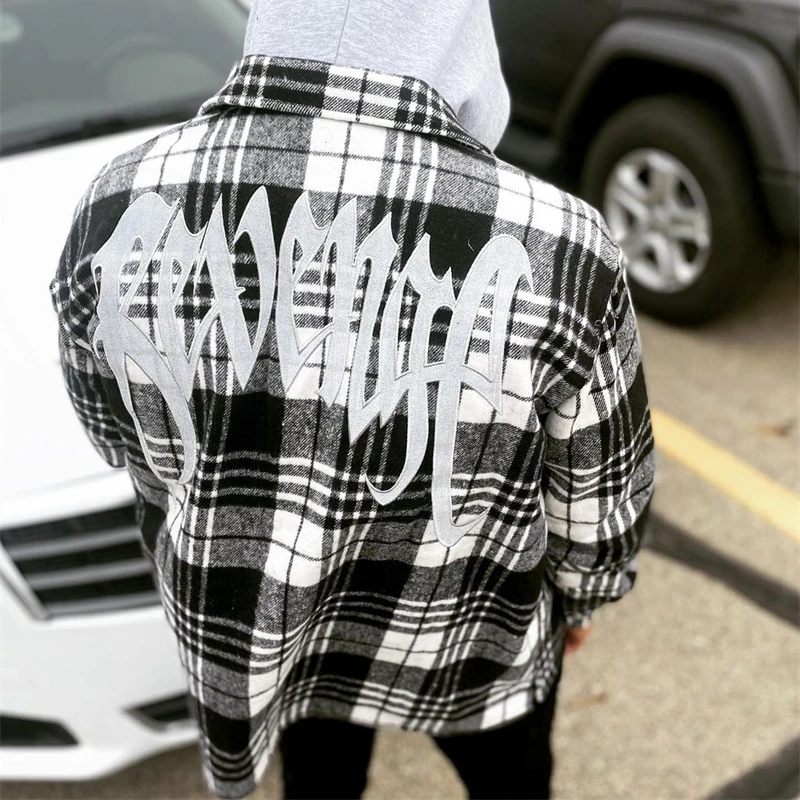 

High Street Plaid Stand Collar Shirt Zip Embroidery Letters Men's And Women's Sports Jacket Jacket Jacket Black Brown S-XL