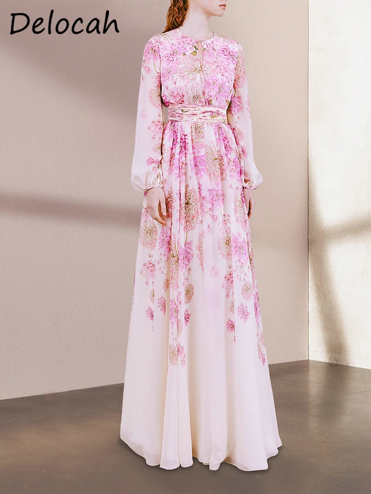 

Delocah High Quality Summer Women Fashion Runway Maxi Dress Long Lantern Sleeve Shirring Pink Ditsy Printed Big Swing Dresses