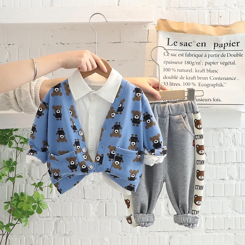 

Kids Casual Baby Girls Boys Clothing Sets Spring Cartoon Bear Knit Coat T Shirt Pants 3pcs Fall Inafnt Outfits 2 Piece Suit