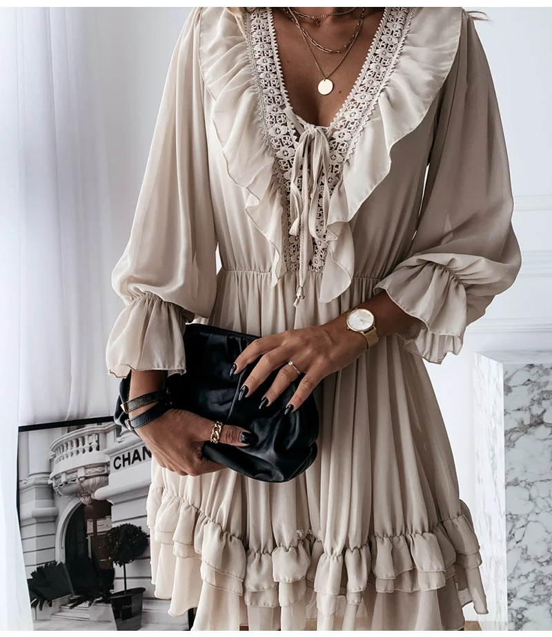 

2022 Women's Party Dress Sexy Summer Elegant Long Sleeve V Neck Ruffle Chiffon Dresses Wedding Vacation Female Clothing