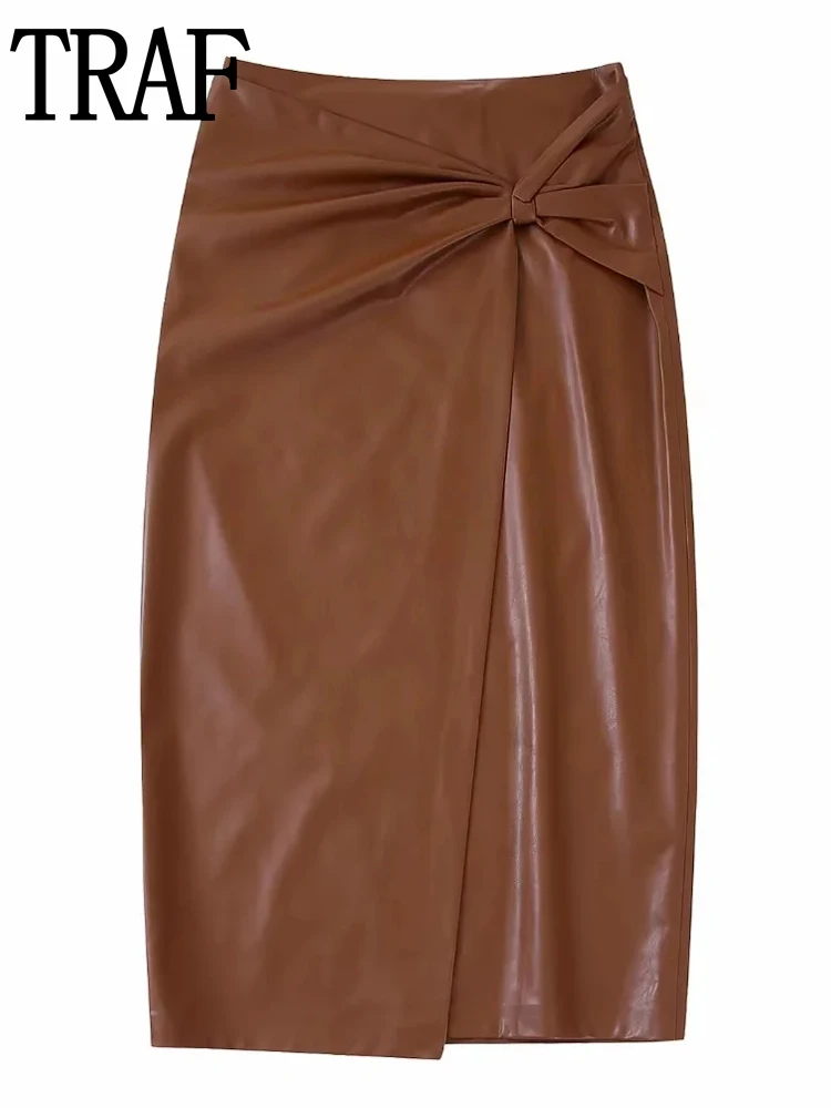 

TRAF Brown Midi Skirt Woman High Waist Leather Skirt Fashion Knotted Elegant Long Skirts Womens 2022 Autumn Pleated Skirts Women