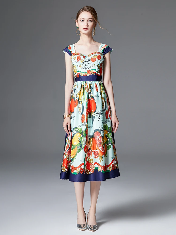 

Sicily Fruit Flowers Print Midi Dress Runway Women's V-Neck Spaghetti Strap Backless Elastic High Waist Holiday Beach Vestidos
