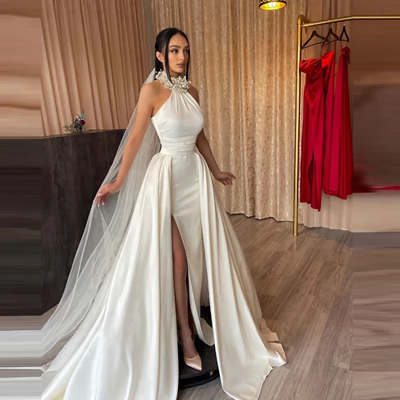 

Chic Halter Pearl Satin Wedding Dress Sexy Side Slit Taffeta Wedding Gowns Sleeveless Long Bridal Dresses Custom Made