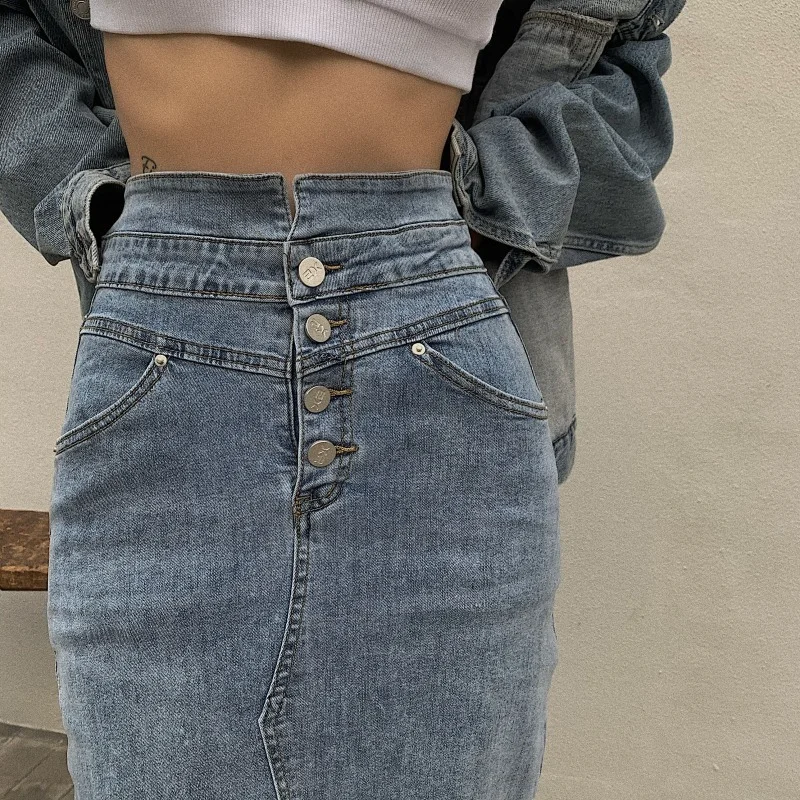 Slim Demin Skirts Fall Summer Vintage Korean High Waisted Faldas Mujer Moda Y2k Skirts Women Sexy Stretch Split Blue Jeans Skirt