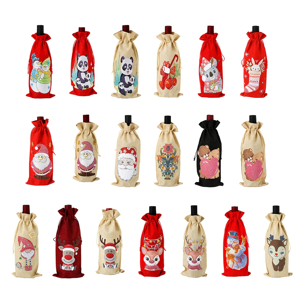

Christmas DIY Diamond Painting Red Wine Bottle Bag Cover Xmas Decoration Santa Claus Elk Embroidery Cloth Bag Bottle Gift Bag