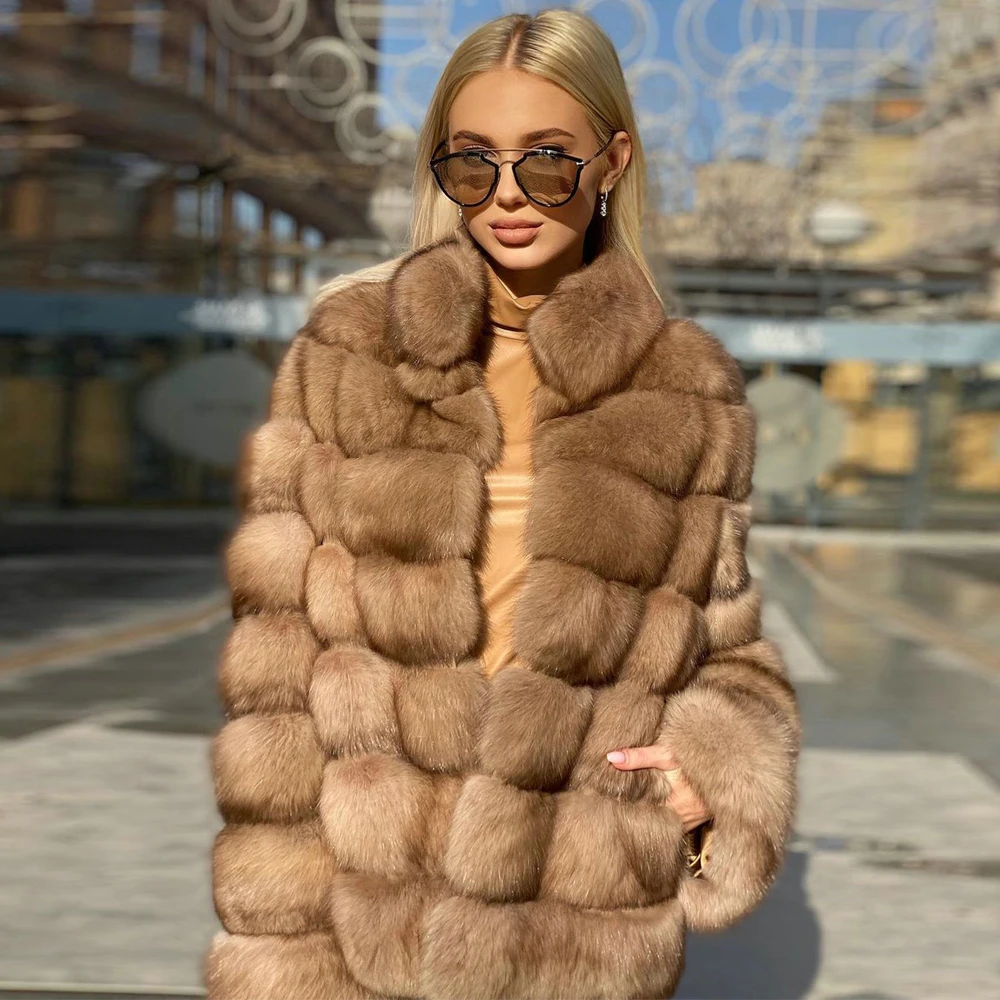 Women Trendy Natural Fox Fur Jacket Winter New Sable Color Genuine Fox Fur Coat Medium Length Thick Warm Fur Overcoat For Woman