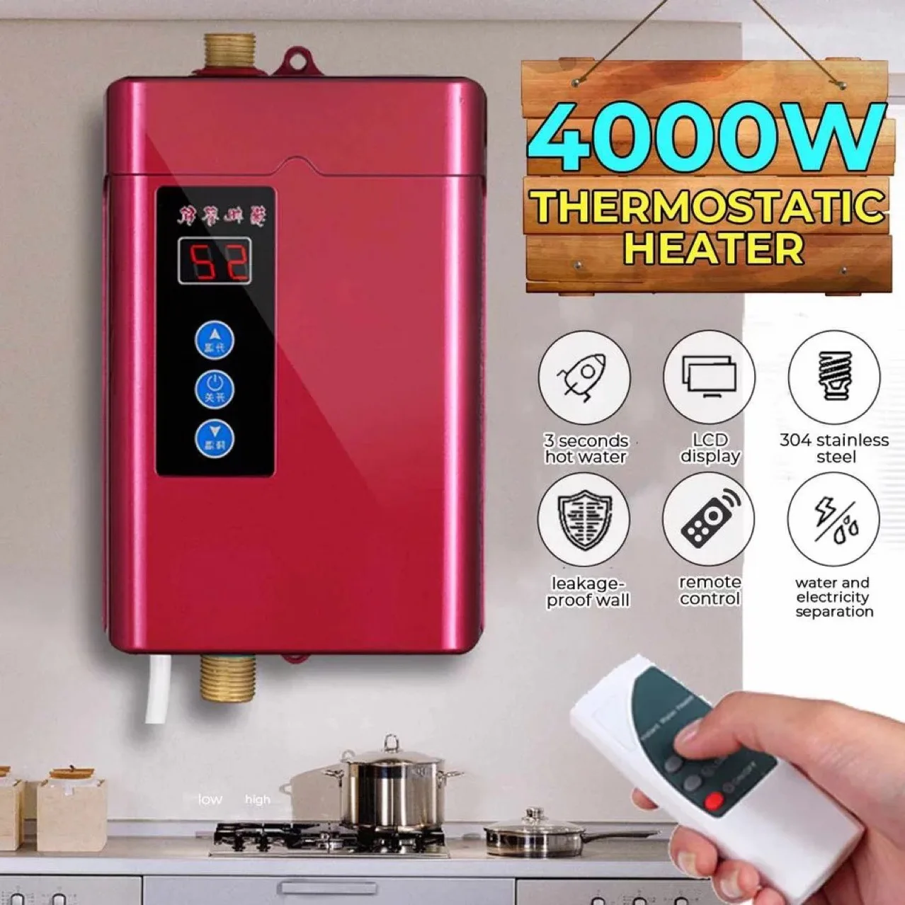 4000W Electric Tankless Instant Hot Water Heater Kitchen Bathroom Shower Sink Tap Thermostat for Bathroom Kitchen