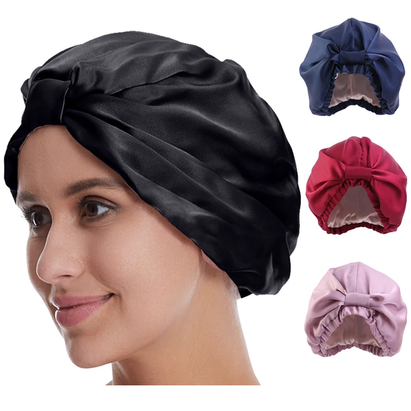 

New Double Layer Women Silky Satin Bonnet Hat Solid Lady Knot Turban Cap Headwrap Soft Hair Care Hat Chemo Cap Hair Accessories