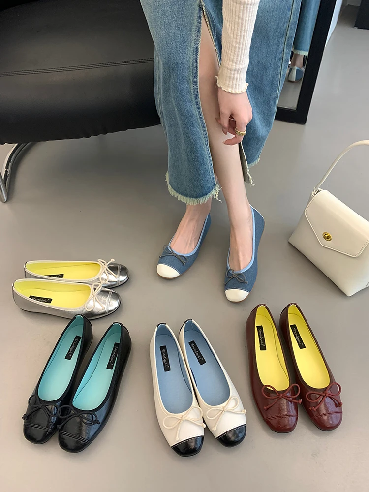 

Casual Woman Shoe Shallow Mouth Modis Female Footwear Bow-Knot Round Toe 2023 Dress Butterfly Fabric Basic PU Leisure Solid Slip