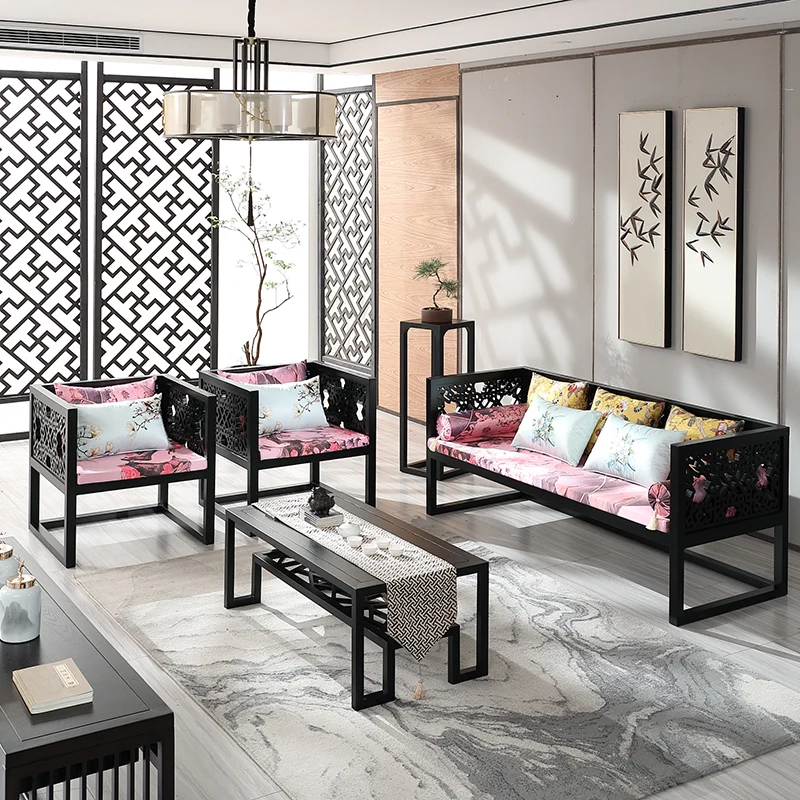 

The product can be customized. New Chinese style solid wood sofa combination Zen retro three person card seat beauty salon hollo