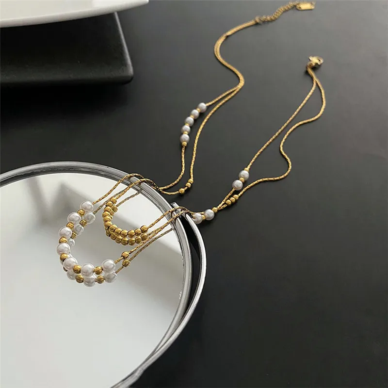 

Titanium Steel Temperament Double Layer Pearl Pendant Necklace Women Elegant Charm Banquet Jewelry
