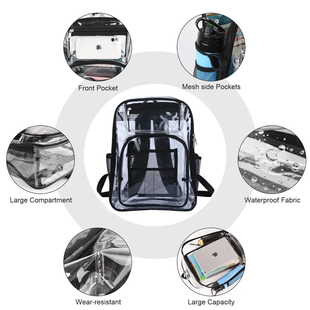 Clear Backpack, Heavy Duty PVC Transparent Backpack Stadium approved with Reinforced Strap School Bookbag for School, Workplace,
