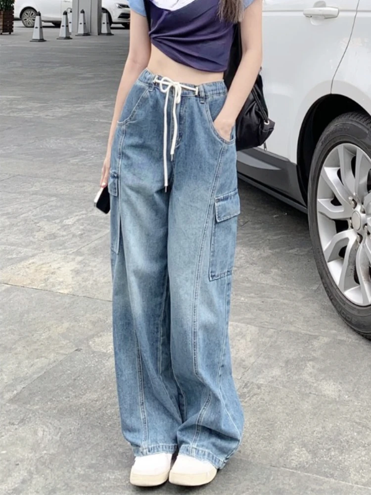

Брюки-карго женские с завышенной талией, модные мешковатые винтажные джинсовые штаны на шнуровке, корейские прямые штаны, Y2k, лето 2023