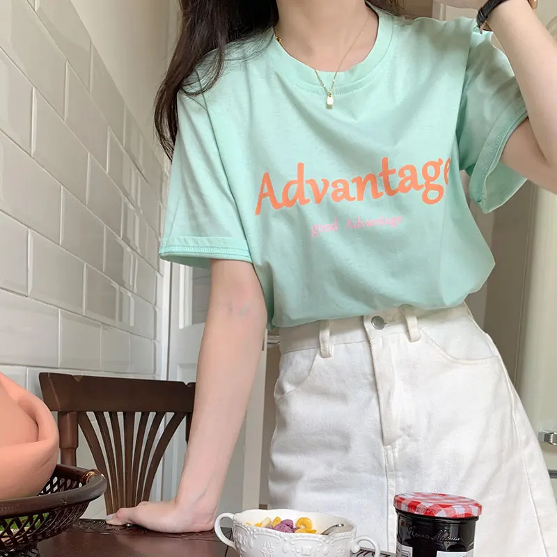 

7Colors 2022 Summer korean style Classic Letter Print Short Sleeve t-shirt Womens Casual tops Tees shirt femme (X2406)