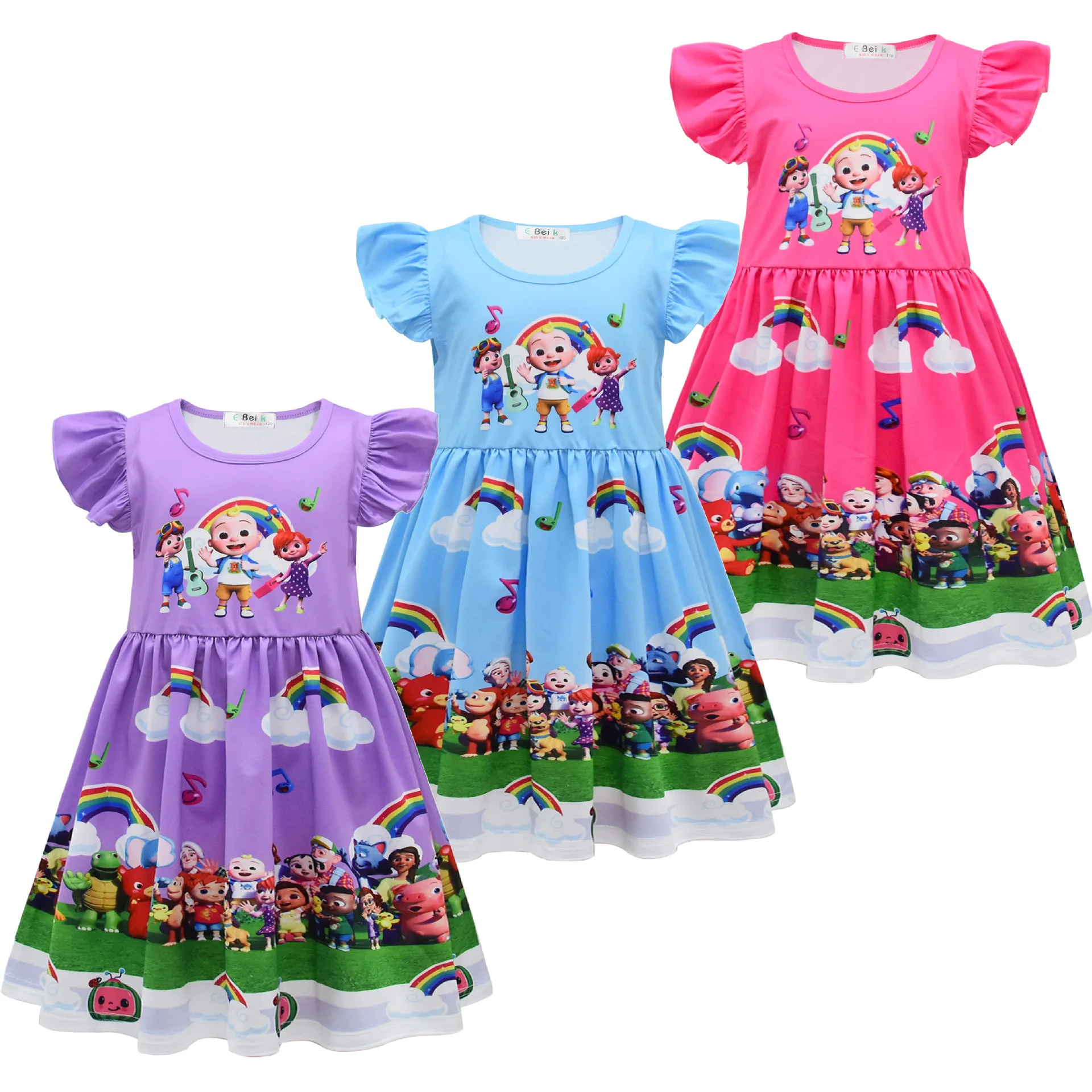 Baby Girls Casual Toddler Dress Cartoon Cocomeloned Printed Flying Sleeves Summer Dresses Kids Carnival Party Clothes