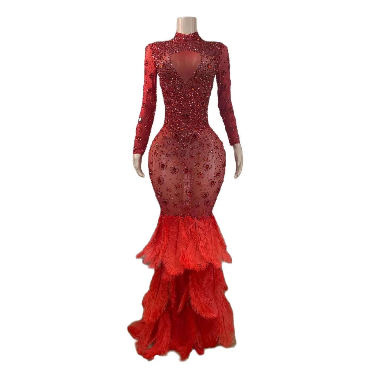 

Multicolored Shining Rhinestones Sexy Long Mermaid Feathers Dress For Women Evening Festival Clothing Stage Singer Costumes