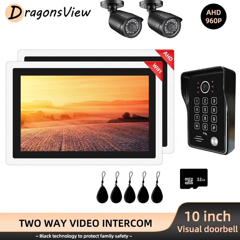 

DragonsView Wifi Intercom Video Door Phone Doorbell IR 10 Inch 2 Monitors 2 CCTV Camera RFID Unlock Door Access Motion Detection