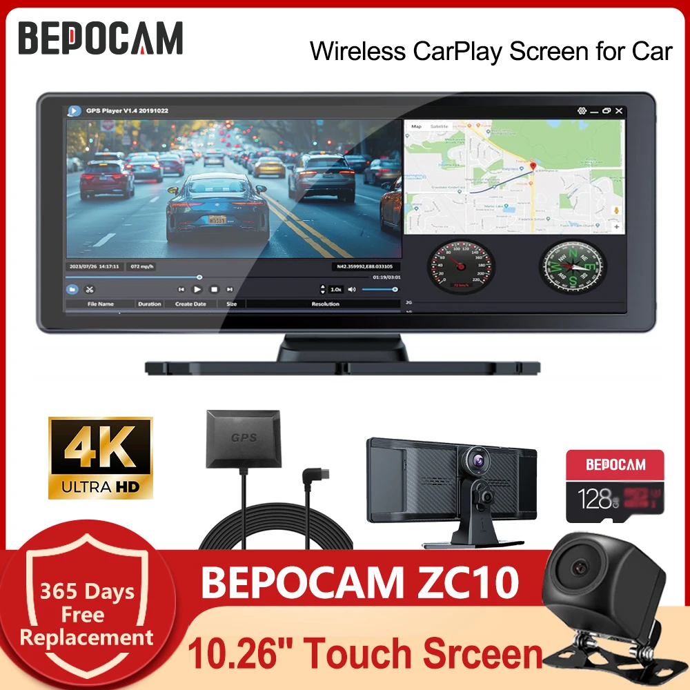 BEPOCAM ZC10 10 26 дюймов Carplay 4K GPS BT Touch Srceen Беспроводной Android Auto FM AUX WIFI Видеоплеер для Apple и