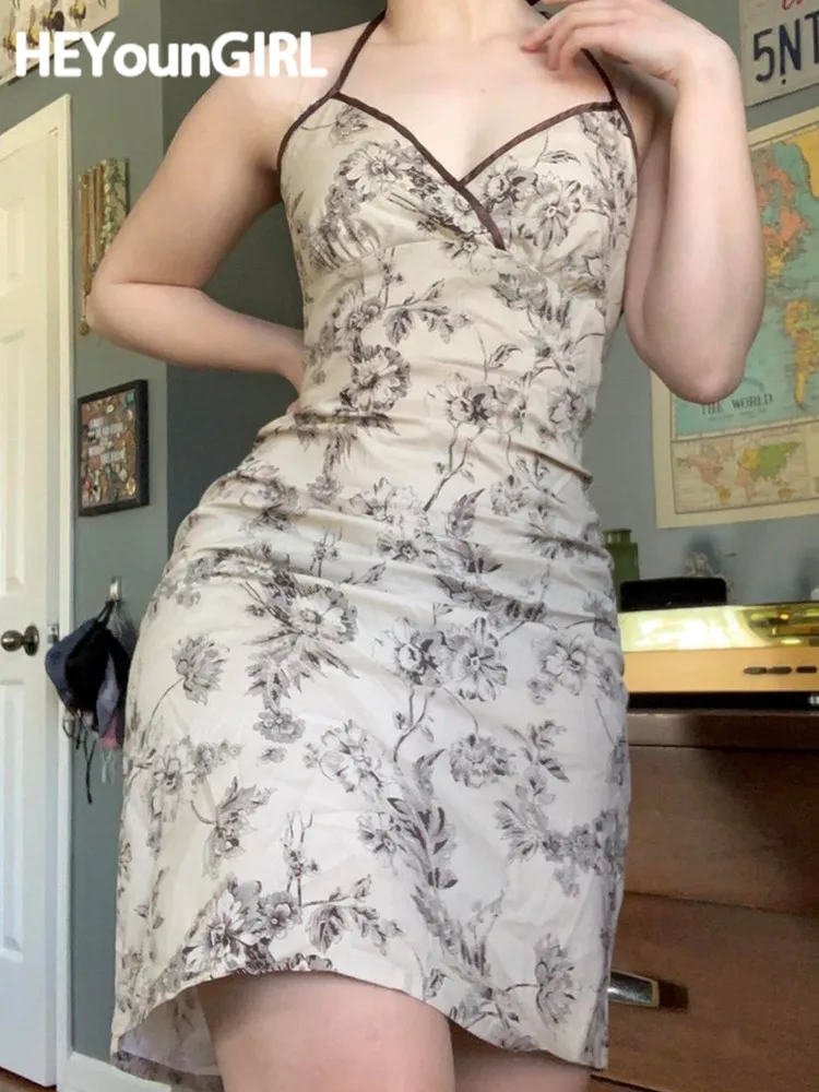 

Женское платье на бретелях-спагетти HEYounGIRL, летнее облегающее короткое платье без рукавов с винтажным принтом, 2022